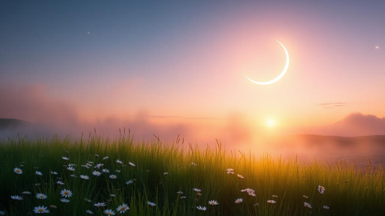 Glowing crescent new moon over a misty meadow at twilight with white wildflowers